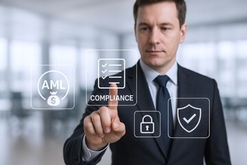 Businessman Activating Compliance Protocol on a Digital Interface, Ensuring Data Protection and Regulatory Adherence for Secure Transactions