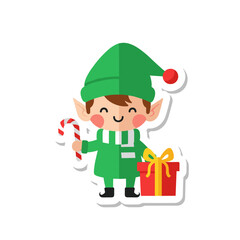 Cute Christmas Elf Sticker with Candy Cane and Gift Box.