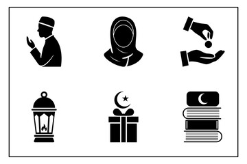 Islamic icons representing key aspects of faith and practice. Featuring icons for prayer, charity, and traditions. 