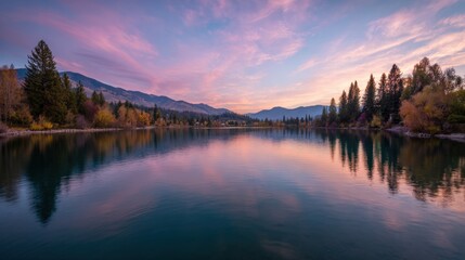 Fototapeta premium Serene Lake Reflection at Twilight: A Stunning Landscape with Pink and Blue Sky and Forest Scenery