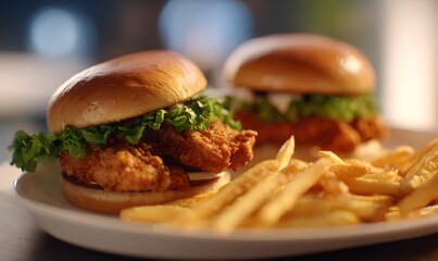 a large white plate arranged with two chicken sandwiches and a side of golden fries