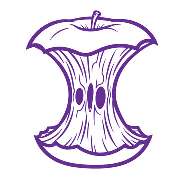 Purple outline illustration of an apple core showing the remnants of a delicious fruit