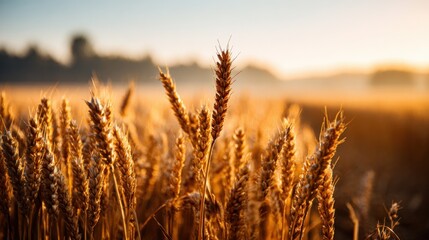 Fototapeta premium Golden Wheat Field at Sunrise: Capturing the Beauty of Agriculture and Harvest Season