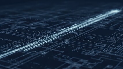 Exploring the intricate details of a glowing digital blueprint schematic representing complex data movement and connectivity in a dark environment