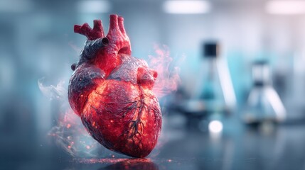 Human Heart Illustration with Research Background Depicting Medical Technology and Healthcare Advancement in a Laboratory