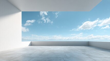 Fototapeta premium Minimalist Architecture Overlooking Bright Blue Sky, Empty Concrete Balcony, Modern Design, Tranquil Scene