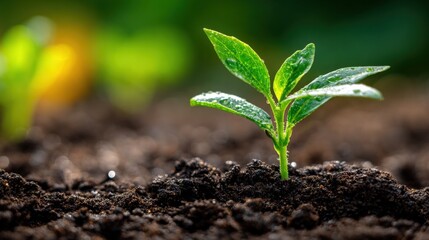 Fototapeta premium Young Sprout Emerging from Fertile Soil: Symbol of Growth, Renewal, and Sustainable Agriculture