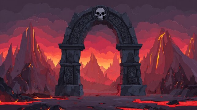 Hell Gate Portal with Lava Landscape, Fantasy Scene, and Skull Archway Digital Art