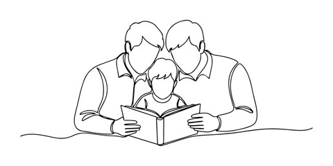 Continuous one line of a parent reading a book to a child, representing bonding, learning, and nurturing moments, hand drawn vector illustration.