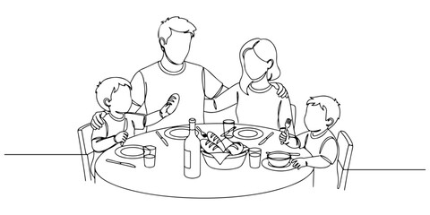 Obraz premium Continuous one line of a family sharing a meal at a table, symbolizing connection, comfort, and quality time, hand drawn vector illustration.