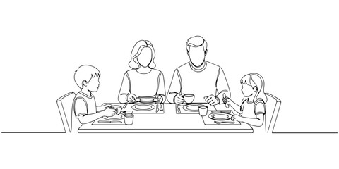 Continuous one line of a family sharing a meal at a table, symbolizing connection, comfort, and quality time, hand drawn vector illustration.