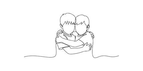Continuous one line of a sibling hugging gently, symbolizing support, comfort, and meaningful relationships, hand drawn vector illustration.