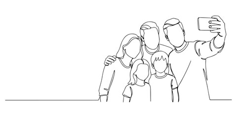 Continuous one line of a family taking a group photo together, representing memories, unity, and happy moments, hand drawn vector illustration.