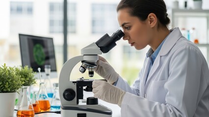 Focused young female researcher observing samples through a microscope in a clean, brightly lit science laboratory environment.
