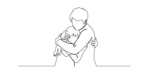 Continuous one line of a parent comforting a child with a gentle hug, representing safety, compassion, and emotional connection, hand drawn vector illustration.