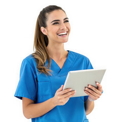 Fototapeta premium Smiling young female medical professional in blue scrubs holding a tablet computer isolated on transparent background