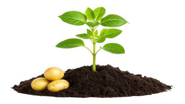 Young potato plant growing from soil with tubers nearby isolated on transparent background - Powered by Adobe