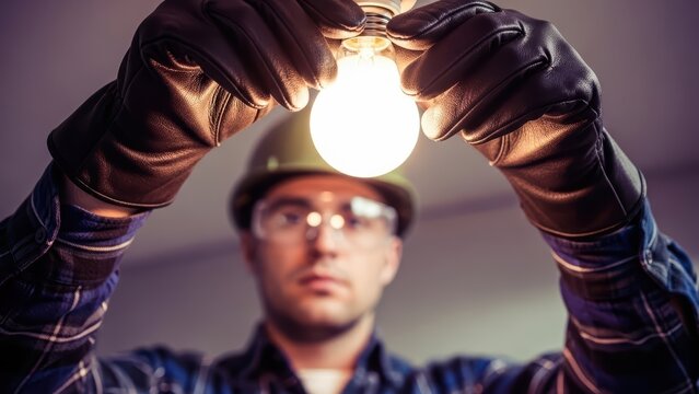 Focused electrician installing a glowing light bulb overhead while wearing safety gloves and a protective hard hat during maintenance work.