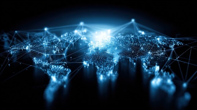 Global Network Visualization: Digital Connections, Data Flow, and Interconnected World in a Futuristic Blue Design - Powered by Adobe