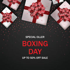 Boxing Day Special Sale Banner with Red Gift Boxes and Ribbons