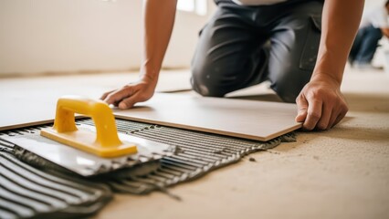 Low-angle close-up focusing on a construction worker’s hands carefully pressing a new floor tile onto adhesive mortar
