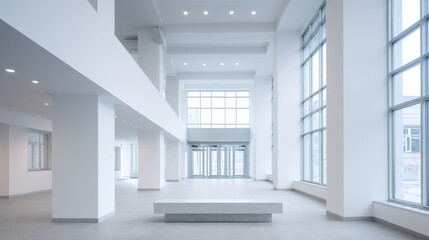 Naklejka premium Modern White Architecture Interior with Large Windows, Columns, and Open Space for a Bright and Spacious Feel