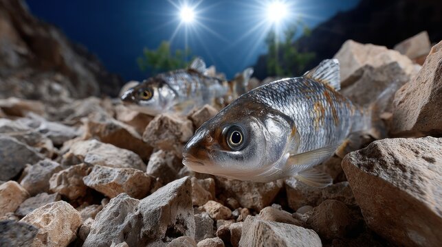 Two fish are swimming in a rocky area