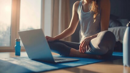 Woman Practicing Yoga Online at Home, Using Laptop for Virtual Class, Healthy Lifestyle