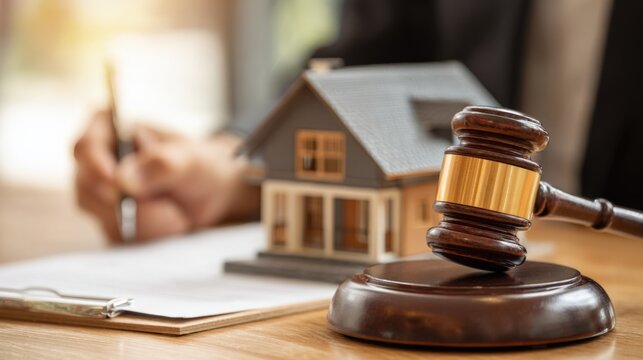 Foreclosure Auction Concept: Gavel, House Model, and Legal Documents on a Wooden Table
