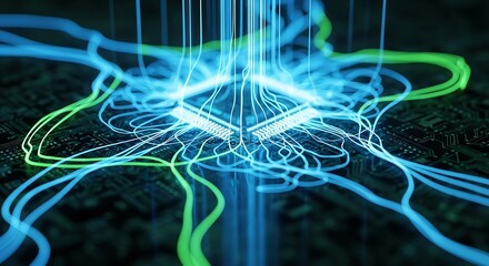 Intricate network of luminous connections surrounding a central microprocessor chip on a circuit board.