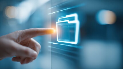 Finger pressing a folder icon on an interactive digital screen, representing data management and cloud storage solutions