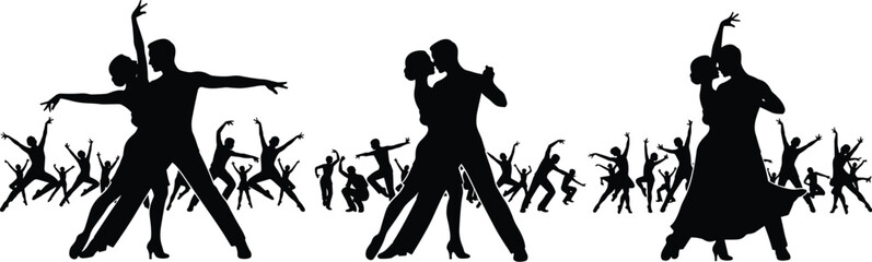 Silhouette ballroom dancers performing tango waltz and latin choreography, elegant couples celebrating passion rhythm movement on white background illustration art
