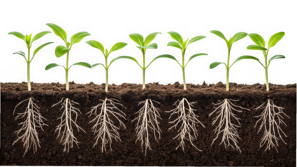 Healthy young plant seedlings with visible root systems growing in soil isolated on transparent background