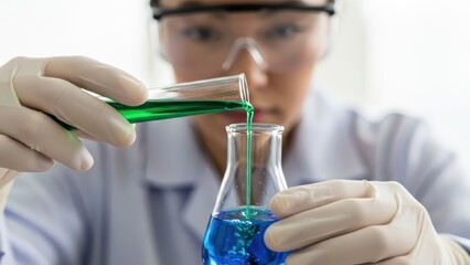 Meticulous chemist conducting a scientific transfer, pouring green liquid into a blue solution in a flask within a professional research laboratory environment.