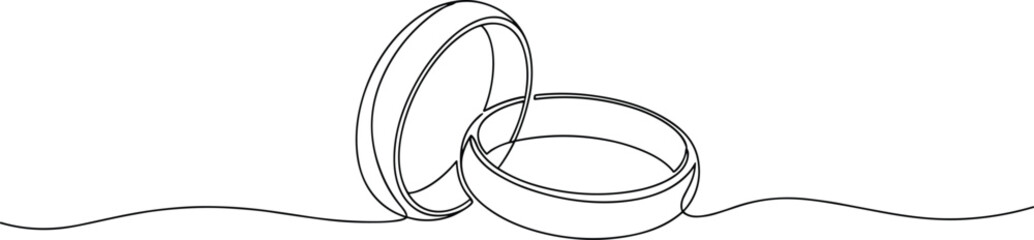 Elegant continuous line art illustration depicting two intertwined wedding rings, symbolizing eternal love, commitment, and union for marriage celebrations and anniversaries
