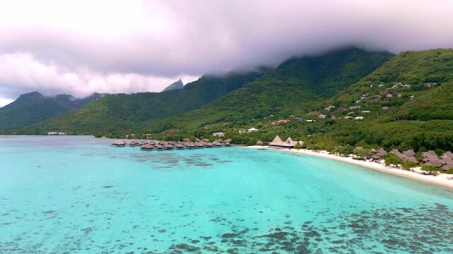 Scenic Aerial shot of Plage de Temae Public Beach in Moorea French Polynesia