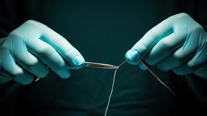 Meticulous close-up of a medical professional's gloved hands manipulating instruments and surgical thread in a dark operating room environment.