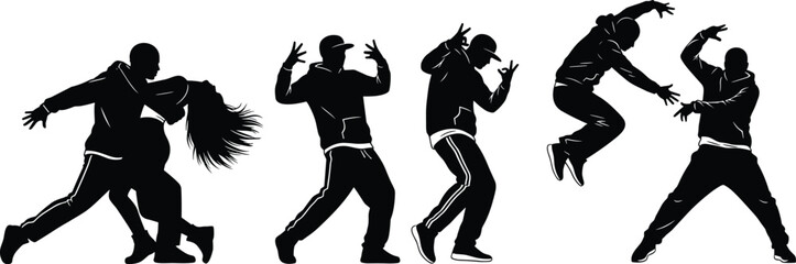 Urban hip hop dancers silhouette collection, street dance moves jumping poses, black male female figures, modern music culture action art