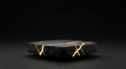 Black Stone Podium with Glowing Gold Kintsugi Cracks, Dark Luxury Mineral Product Display: Abstract Geometric Presentation, High-End Jewelry Showcase, Elegant Contrast Backdrop.