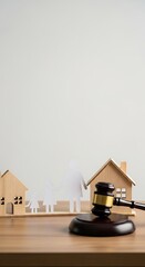 Judicial gavel rests near miniature houses and paper cutouts symbolizing family division