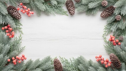 Winter holiday flat lay frame featuring frosted evergreen boughs and natural pinecones centered on a rustic white wood background.