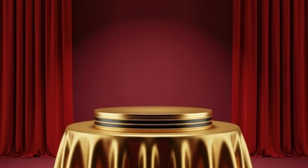 Black and Gold Podium on Draped Table with Red Curtains, Luxurious Theatrical Event Display: Exclusive Product Launch Showcase, Grand Ceremony Presentation, Elegant Vertical Mockup.
