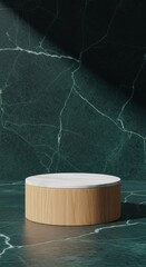 Marble Podium with Wood Base against Green Marble Wall, Luxurious Interior Product Display: High-End Cosmetic Showcase, Elegant Corporate Presentation, Sophisticated Vertical Mockup.
