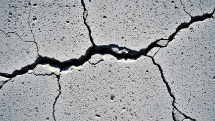 Obraz premium High-definition photograph showing intricate patterns of severe fracturing and degradation on a rough, weathered light gray cement surface texture