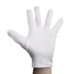 Woman in cloth glove showing number five with her hand against white background, closeup