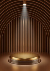 Golden Podium under Arched Fluted Panels, Minimalist Elegant Interior Product Display Stage: Luxury Cosmetic Showcase, Modern Architectural Presentation, Warm Vertical Mockup.