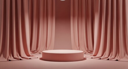 Soft Pink Podium with Heavy Draped Curtains, Minimalist Feminine Product Display Stage: Cosmetic Skincare Showcase, Elegant Theatrical Presentation, Warm Vertical Mockup.
