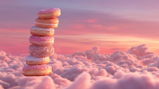 A whimsical stack of colorful donuts floating above fluffy clouds during a vibrant sunset, creating a surreal and dreamlike atmosphere perfect for dessert-related themes