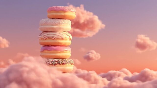 A whimsical stack of colorful donuts rising above fluffy pink clouds during a serene sunset, creating a dreamy atmosphere perfect for dessert-themed visuals