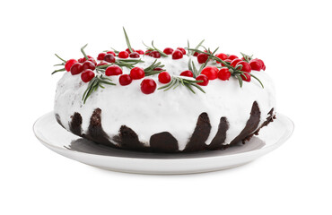 Tasty Christmas cake with cranberries and rosemary isolated on white